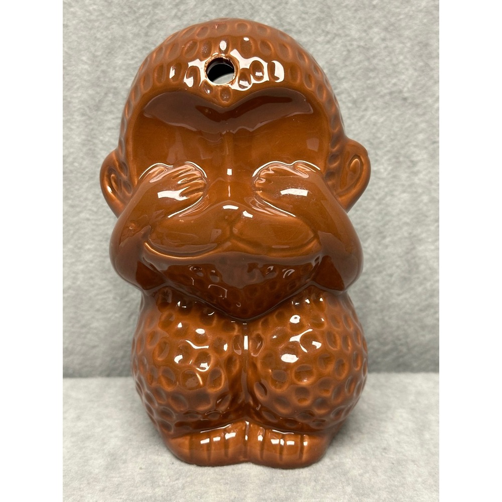 See No Evil Tiki Mug Monkey VTG Brown Ceramic 6.5 Inch Retro Kitschy